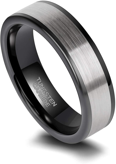 TRUMIUM 6mm Tungsten Wedding Band Matte Brushed Black/Silver Flat Classic Engagement Ring for Men Women Comfort Fit Size 4-15