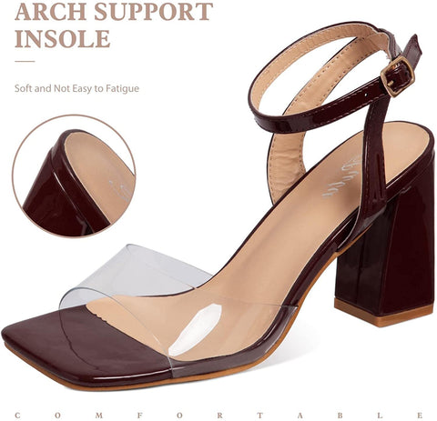 Putu Women's Clear Square Open Toe Heeled Sandals Ankle Strap Chunky Block High Heels Buckle Strappy Dressy Heeled Sandals