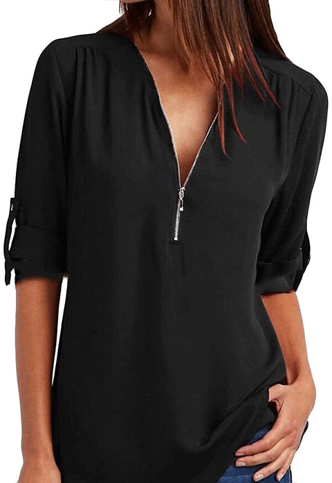 Women V Neck Plus Size Chiffon Blouse Shirts with Half-Zip Up in The Front Black