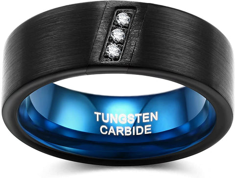 8mm Mens Wedding bands Cubic Zirconia Tungsten Rings Three Stone Diagonal Diamonds Silver/ Black Blue Size 7-13