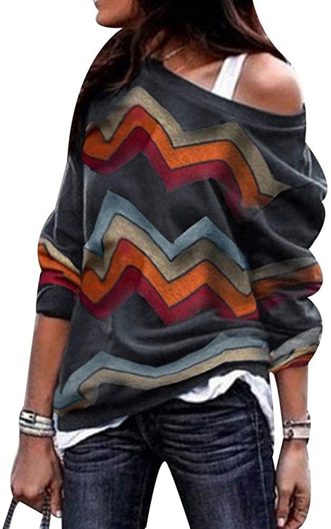 Women's Printed Round Neck Long Sleeve Blouses Off Shoulder Fashion Shirts