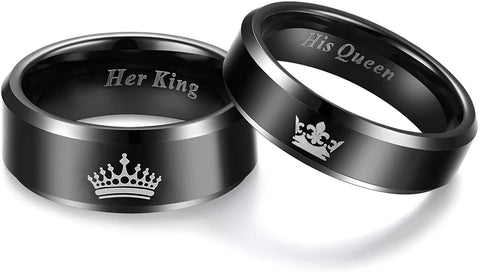 TRUMIUM Her King His Queen Ring Black Tungsten Wedding Bands Width 6mm 8mm Size 6-13 (Price Seperated)
