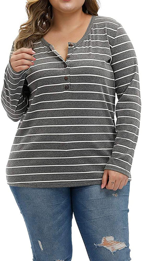 Women Plus Size Tops Long Sleeve Knitwear Stripe Clothing Casual Polo Shirts Button Up Blouse