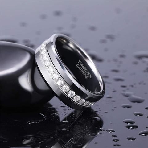 8mm Mens Tungsten Wedding Bands with Cubic Zirconia Eternity Ring CZ Inlaid High Polish Size 7-13