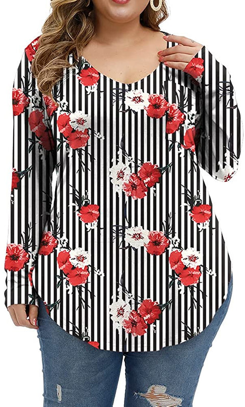 Plus Size Long Sleeve Tops for Women Floral Sexy Work Casual Womens Fall Tee Shirts