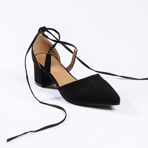 Heel The World Women's Pointed Toe Dress Pumps Lace Up Low Block Heels