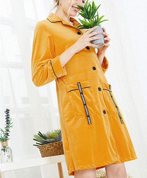 Women's Mid Length Button Down Nightdress Pocket Autumn Winter Nightgown