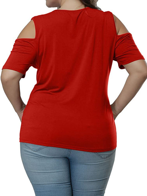 Women's Plus Size Top Keyhole Front Short Sleeve Cold Shoulder T Shirt