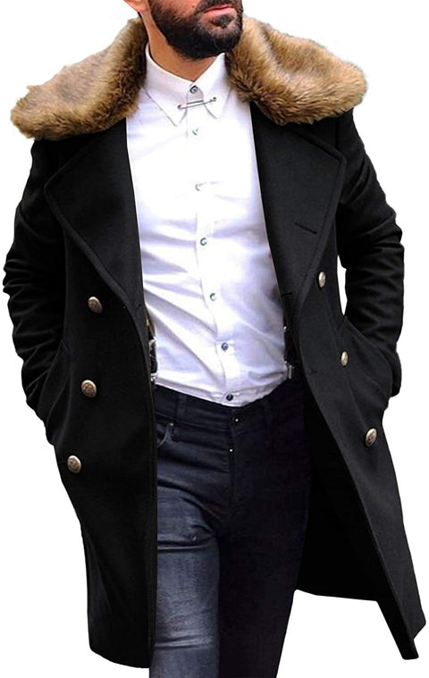 Mens Stylish Trench Coat Removable Faux Fur Collar Topscoat Double Breasted Winter Overcoat Warm Long Pea Coat