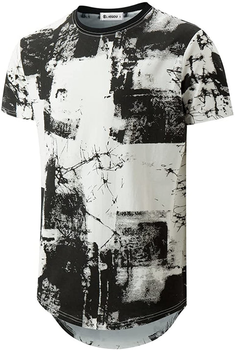 KLIEGOU Mens Hipster Hip Hop Ripped Round Hemline Pattern Print T Shirt