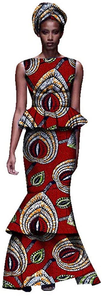 Women's African Dashiki 3 Pieces Wedding Dresses with Headwrap Sets Tops & Skirt Slim Fit