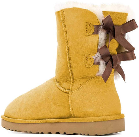 FSJ Women Cute Winter Flats Round Toe Ankle Snow Boots Comfy Low Heels Warm Fur Bows Shoes Size 4-15 US