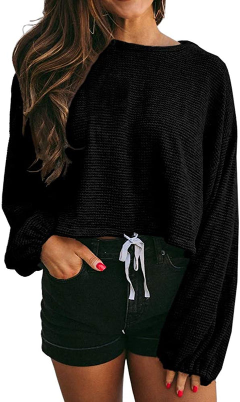 GAMISOTE Women's Waffle Knit Long Sleeve Tops Oversized Plain Crop Pullover Sweaters