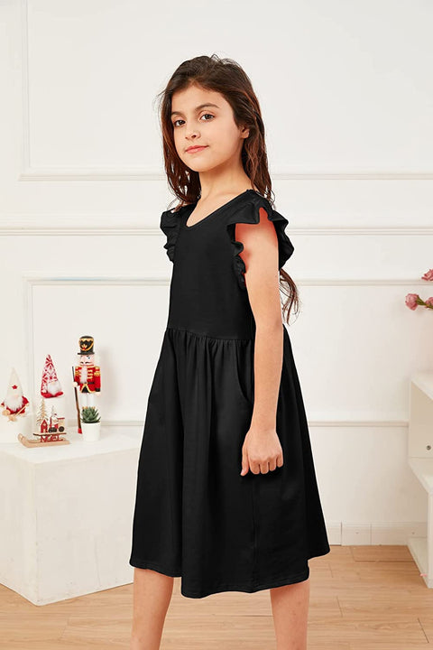 GAMISOTE Girls Flowy Dress Ruffle Cap Sleeve A Line Twirly Skater Summer Midi Dresses with Pocktes 7-14 Years