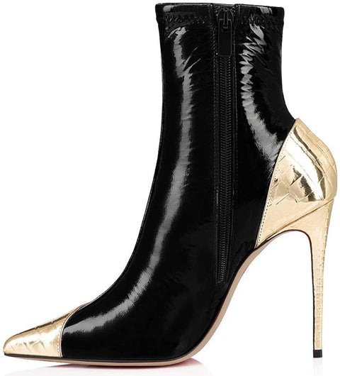FSJ Women Fashion Two Toned Ankle Boots Pointed Closed Toe High Stiletto Heels Short Booties Patchwork Patent Matte Leather Side Zipper Ladies Party Prom Fall Winter Dress Shoes Size 4-15 US