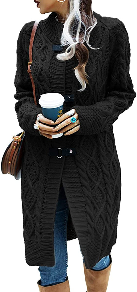Womens Sweater Cardigans Turtleneck Long Open Front Cardigan Cable Knit Sweaters with Leather Buckle Coat