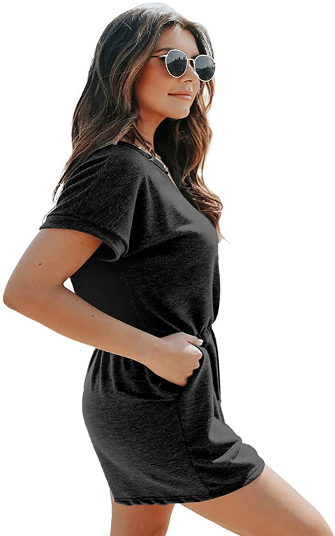 Dyexces Womens Crew Neck Rompers Summer Shorts Loose Tie Short Sleeve Stretch Waist Rompers with Pockets