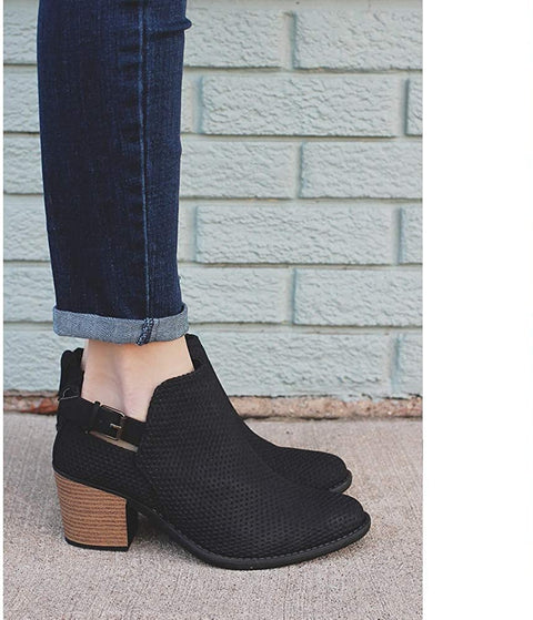 QZHIHE Womens Ankle Boots Cutout Side Strap Block Chunky Heel Work Boots