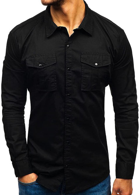 Mens Long Sleeve Snap Shirt - Casual Button Bown Tops Cargo Shirts Solid Work Western Dress Shirt
