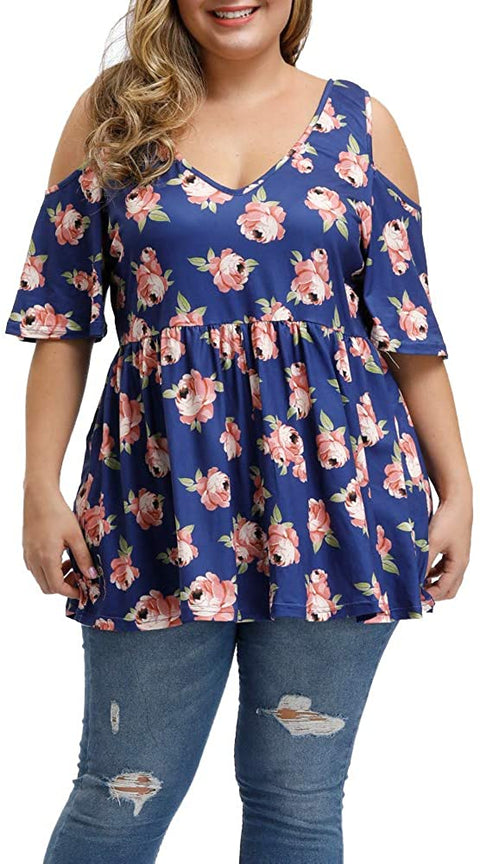 Women's Plus Size Sexy V Neck Open Back Tops Floral Print Cold Shoulder Pleated Flowy T Shirts
