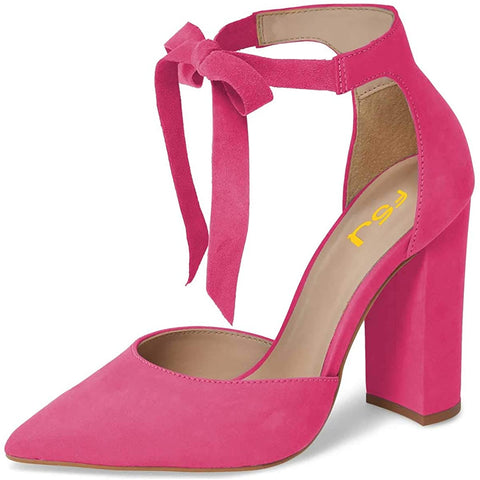 FSJ Women Faux Suede Chunky Block Heel Pump D'Orsay Pointed Toe Ankle Strap Lace Up Sandals Size 4-15 US