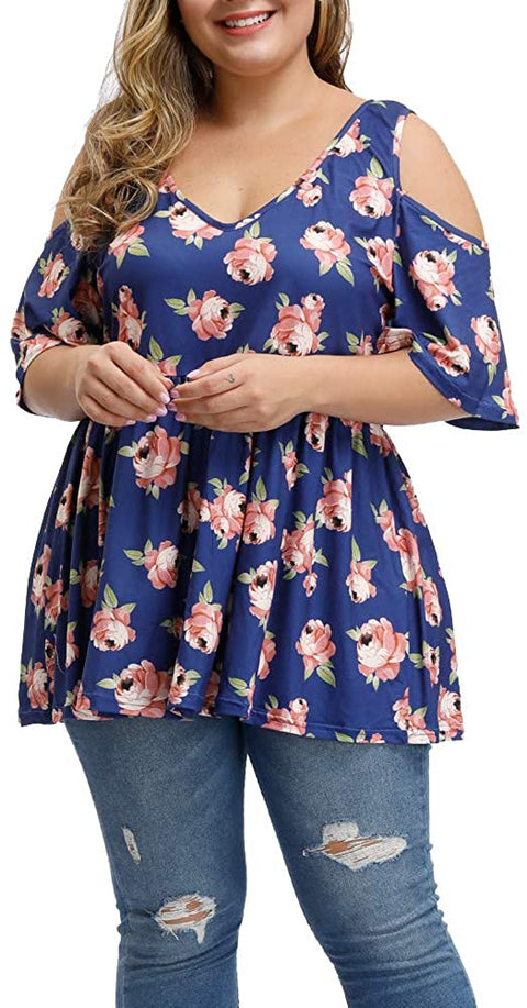 Women's Plus Size Sexy V Neck Open Back Tops Floral Print Cold Shoulder Pleated Flowy T Shirts