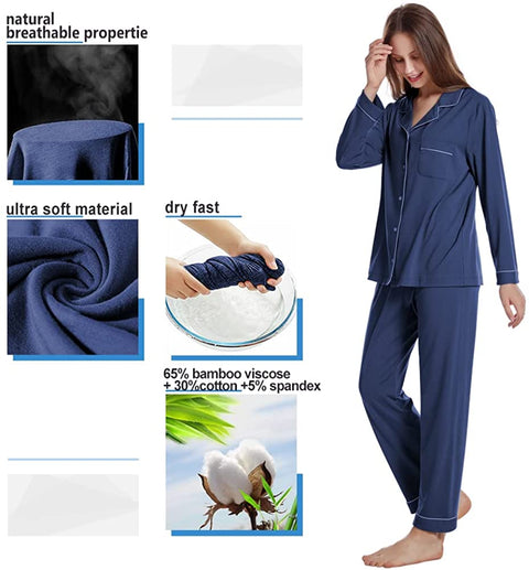 Women Pajamas Set Bamboo Viscose Soft Breathable Nightgown with Long Sleeve