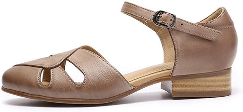 Mona flying Women Leather Tatianna Dress Sandals Closed Toe Low Heels Strappy Flats Summer Casual Shoes