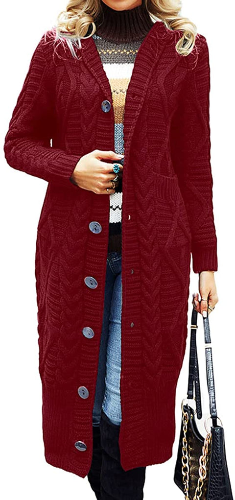 Dyexces Womens Sweaters Cardigan Long Hooded Button Open Front Sweater Cable Knit Casual Coat with Pockets