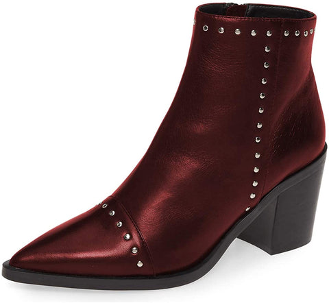 Women Block Low Mid Heels Ankle Boots Pointy Toe Rivets Studs Boots Party Office Shoes with Side Zipper Size 4-15 US