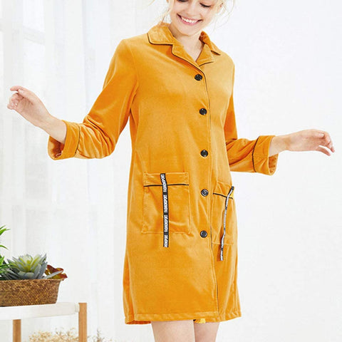 Women's Mid Length Button Down Nightdress Pocket Autumn Winter Nightgown