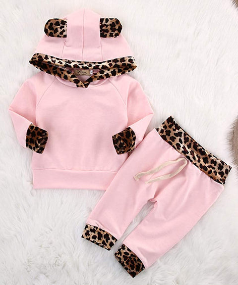 Baby Girls Newborn Clothing Sets Flowers Pink Leopard Long Sleeve Hoodie Tops Pants Outfit