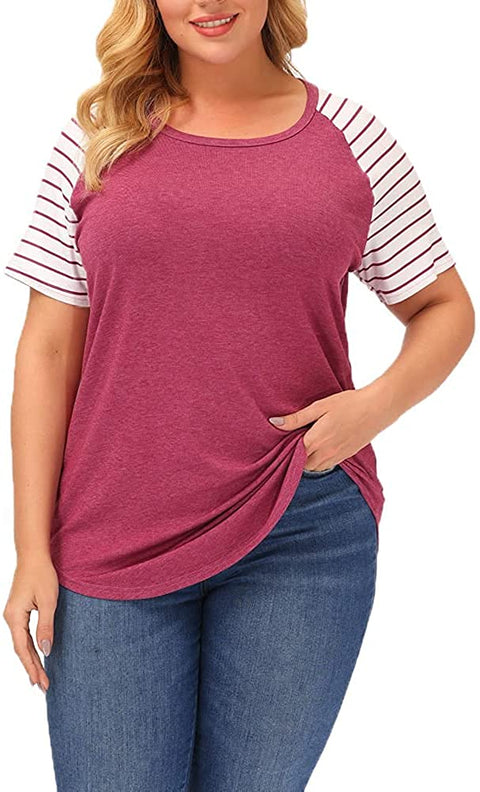 Plus Size Tops Women Stripe Short Sleeve Summer Casual Raglan T Shirts
