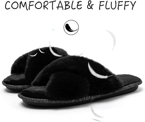 Women's Cross Band Furry Slippers Cozy Plush House Slippers Open Toe Soft Fuzzy Slippers Slip on Comfy Indoor Slippers