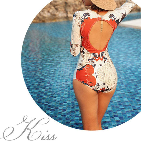 Women's Floral Patterned Crew Neck Long Sleeve One Piece Rashguard
