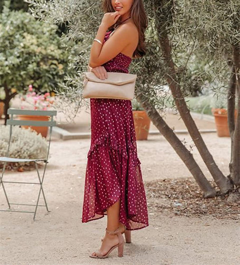 Womens Sexy Sleeveless Halter Neck Backless Floral Polka Dots Print Ruffle Tiered Boho Chiffon Flowy Long Maxi Dress