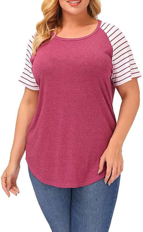 Plus Size Tops Women Stripe Short Sleeve Summer Casual Raglan T Shirts