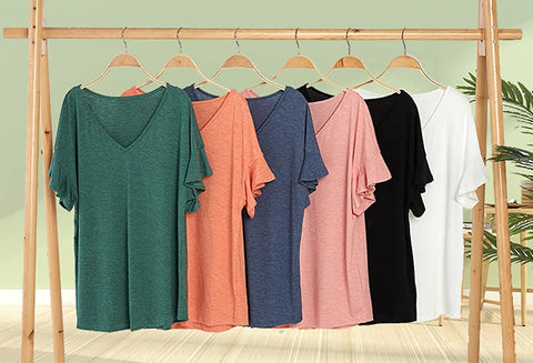 Womens Sexy V Neck Tops Fashion Ruffle Sleeve Casual T Shirts Short Sleeve Loose Basic Tee