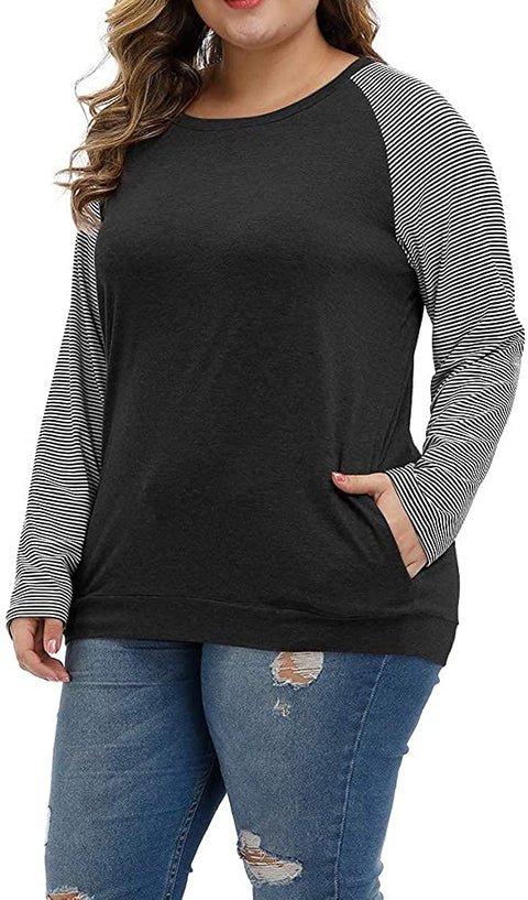 Plus Size Tops Women Casual Long Sleeve T Shirts Stripe Loose Blouses with Pocket