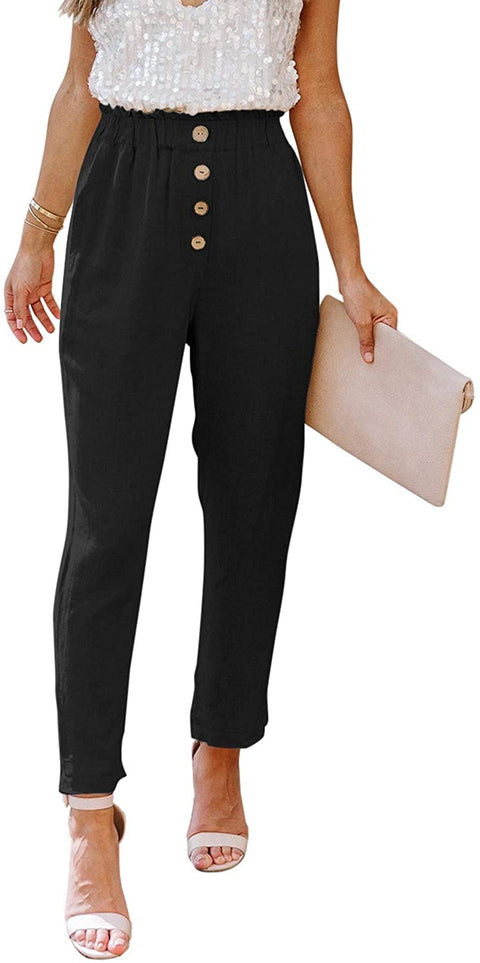 Womens Casual Loose Pants Comfy Cropped Work Pants with Pockets Elastic High Waist Paper Bag Pants