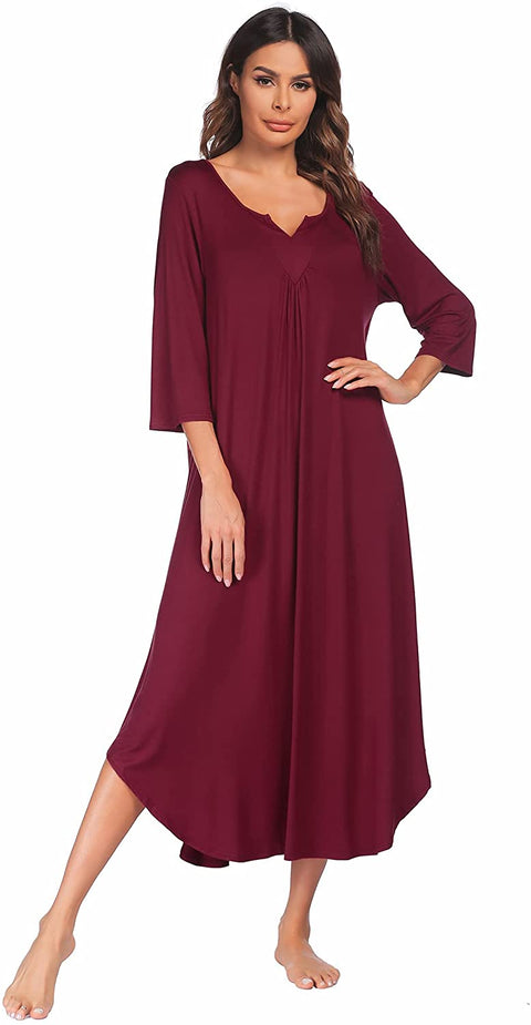 Long 3/4 Sleeve Lounge Dress Women Sleepshirt