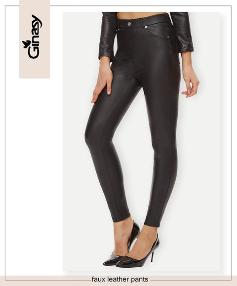 Ginasy Black Faux Leather Pants for Women High Waist Dressy Pleather Leggings