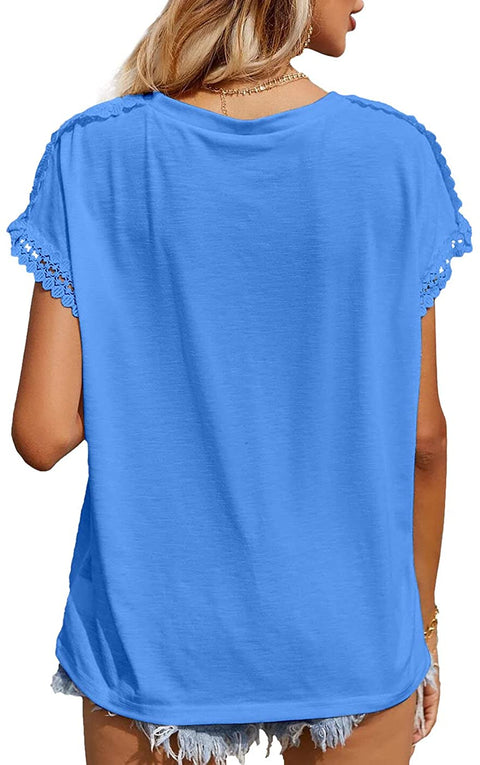 Womens Short Sleeve Tops Lace Patchwork Crewneck Bat Sleeve T Shirts Basic Casual Tee