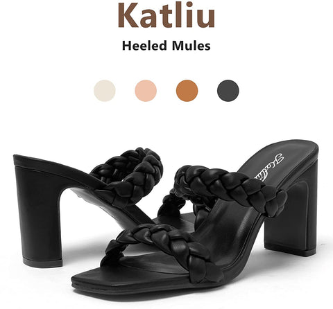 Katliu Women's Braided Heeled Mules Square Toe Block Heel Sandals Two Strap Heeled Slide Sandals