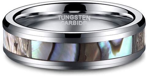 6mm 8mm Tungsten Ring Abalone Inlay Natural Silver Wedding Band for Men Women Comfort Fit Size 4-15