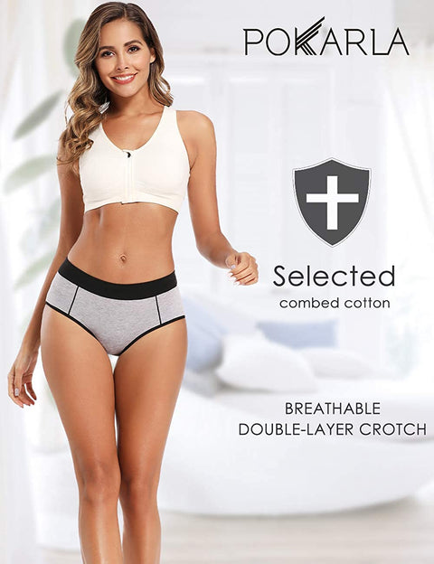 POKARLA Women's Cotton Stretch Underwear Ladies Mid-high Waisted Briefs Panties 5-Pack