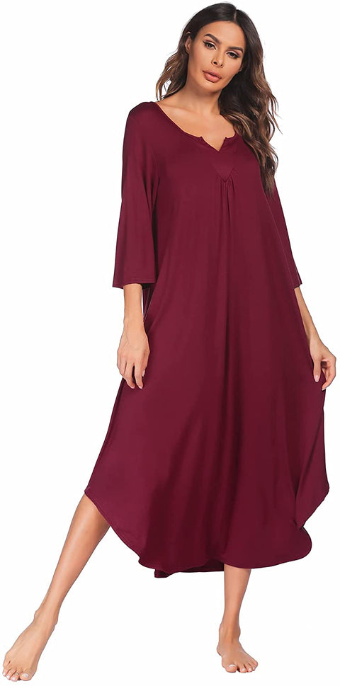 Long 3/4 Sleeve Lounge Dress Women Sleepshirt