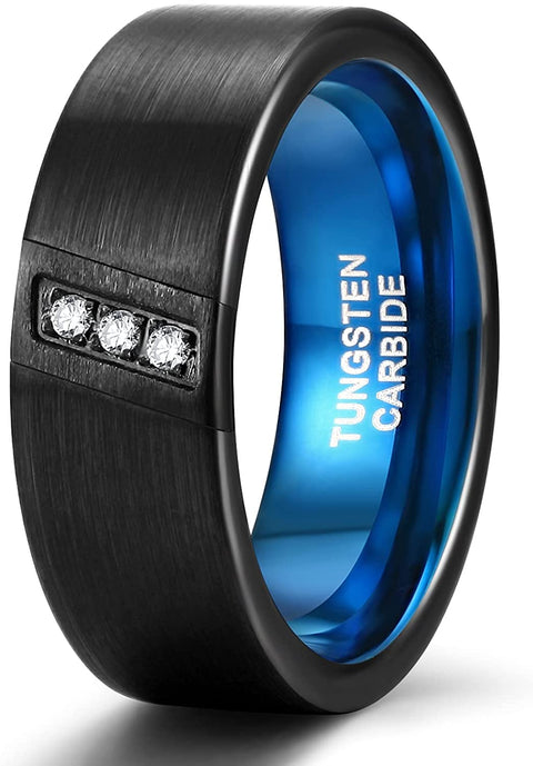8mm Mens Wedding bands Cubic Zirconia Tungsten Rings Three Stone Diagonal Diamonds Silver/ Black Blue Size 7-13