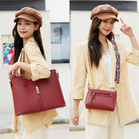 Women Fashion Synthetic Leather Handbags+Shoulder Bag+Purse+Card Holder 4pcs Set Tote
