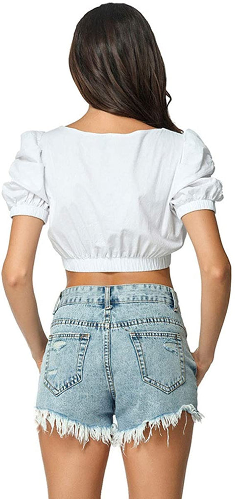 Women's Summer Casual Distressed Solid Ripped Frayed Hem Mid Waist Denim Shorts